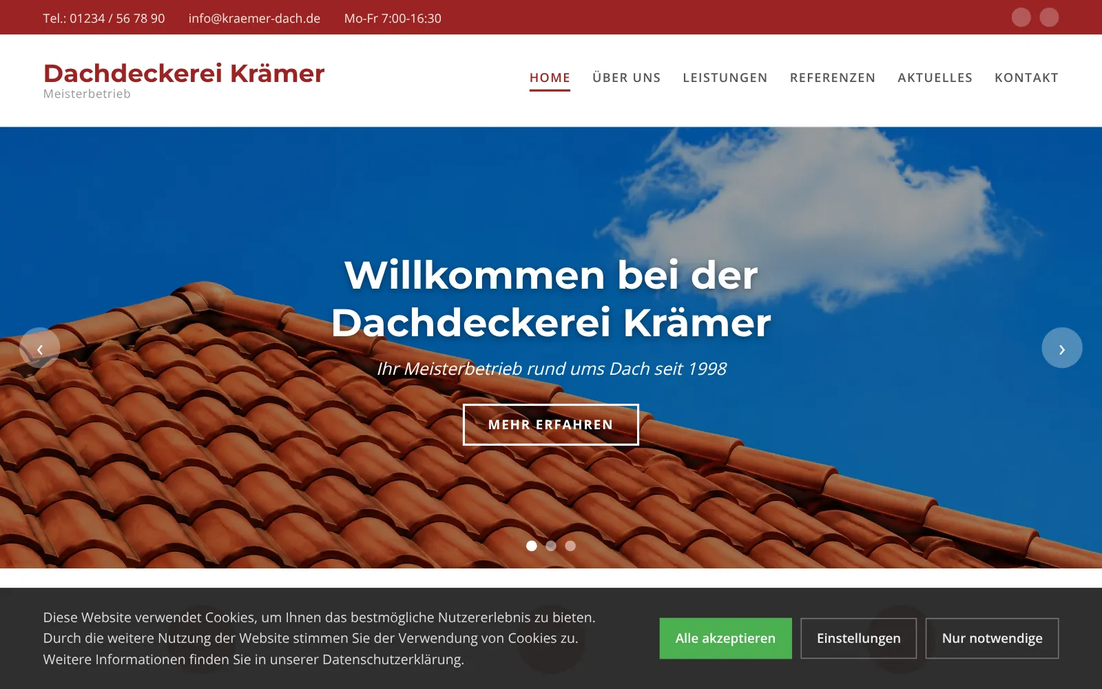 Vorher: bisherige Website von Dachdeckerei Krämer, Designstudie