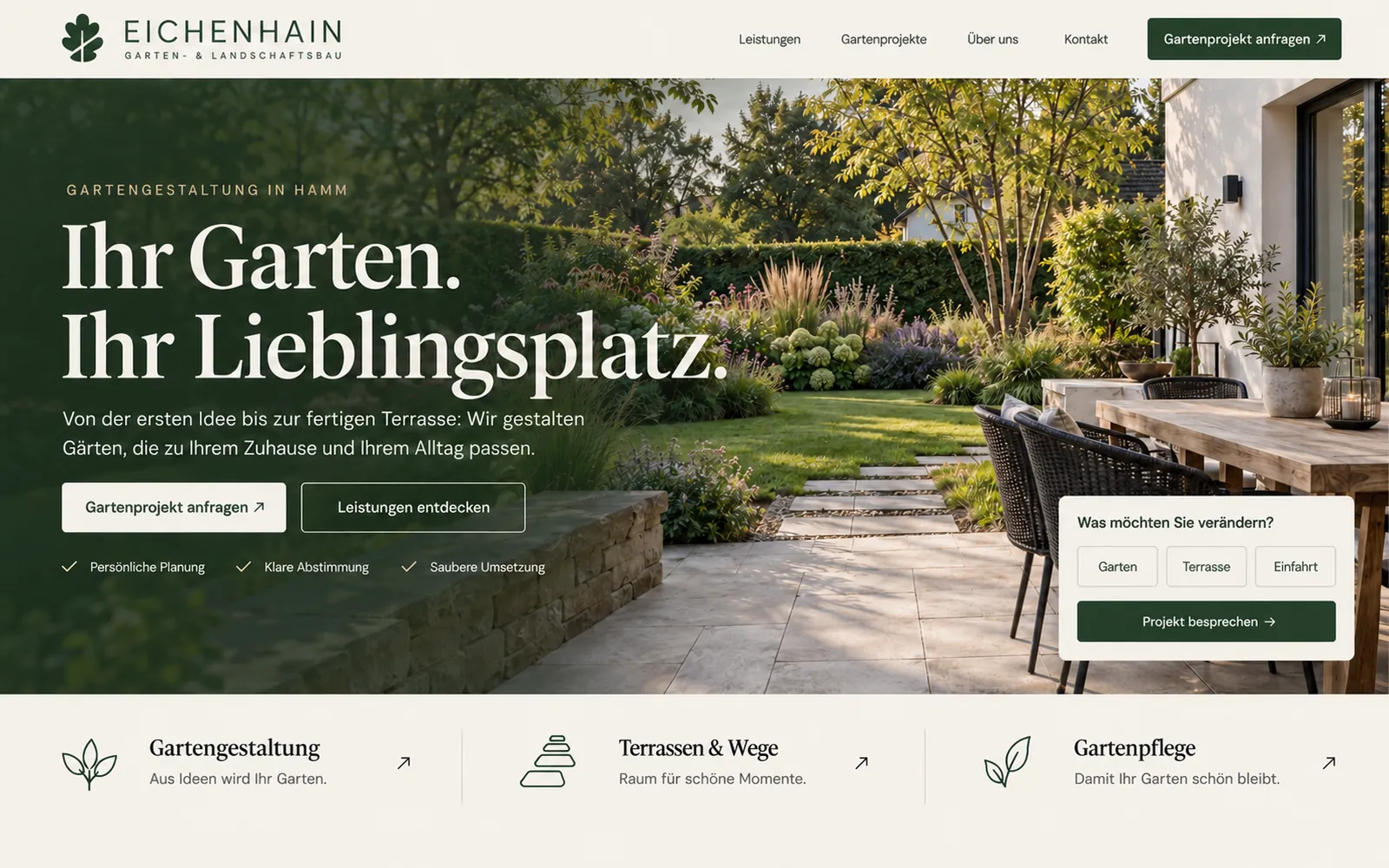 Designstudie: Startseite für Eichenhain Garten- & Landschaftsbau, erfundener Betrieb