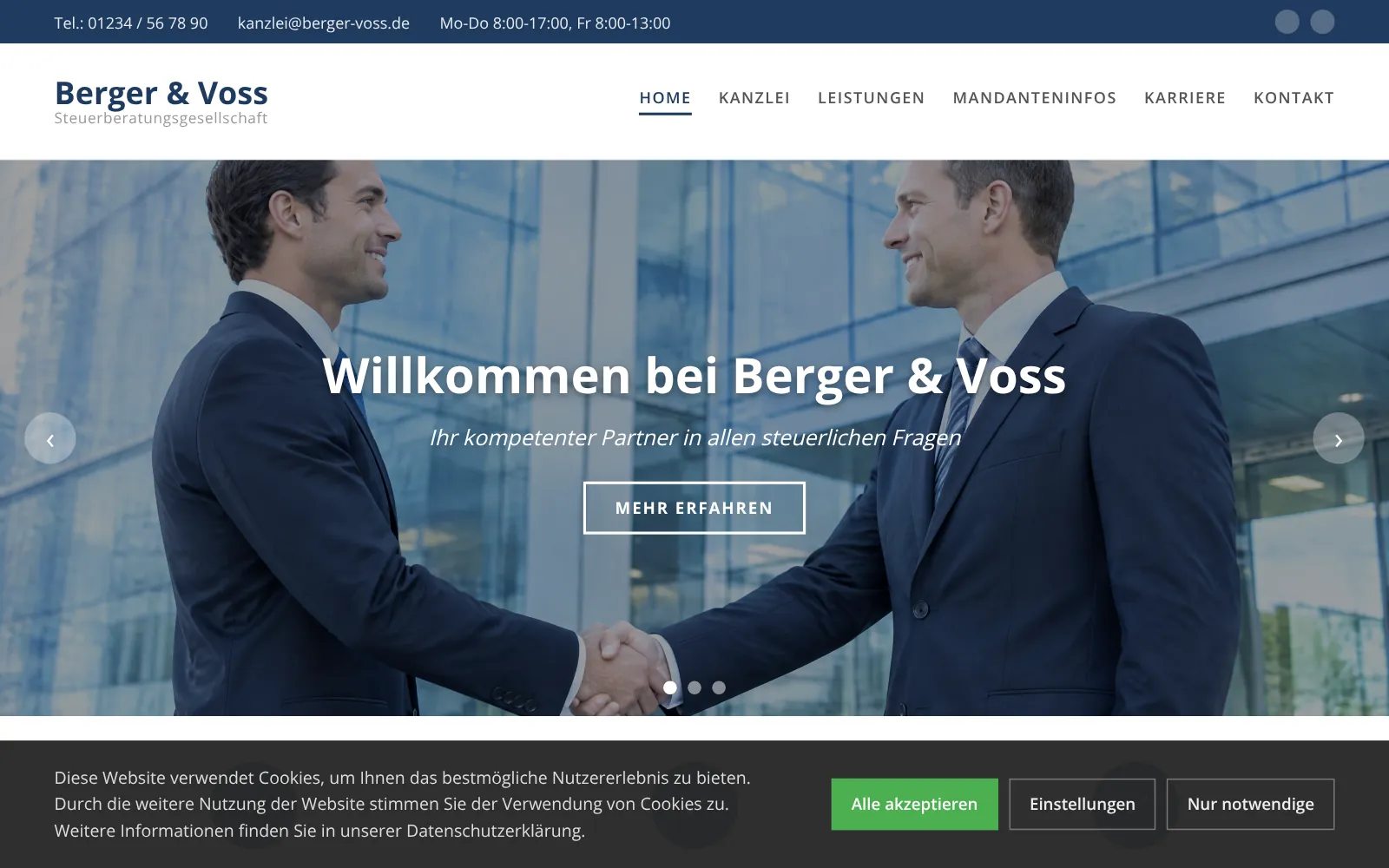 Vorher: bisherige Website von Berger & Voss Steuerberatung, Designstudie