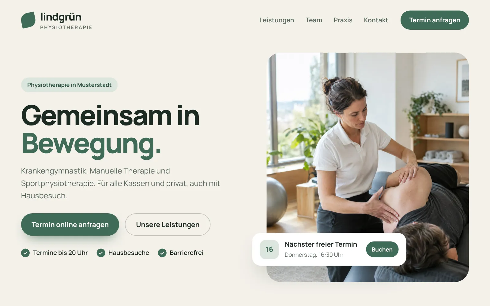 Nachher: neue Website von Physiotherapie Lindgrün, Designstudie