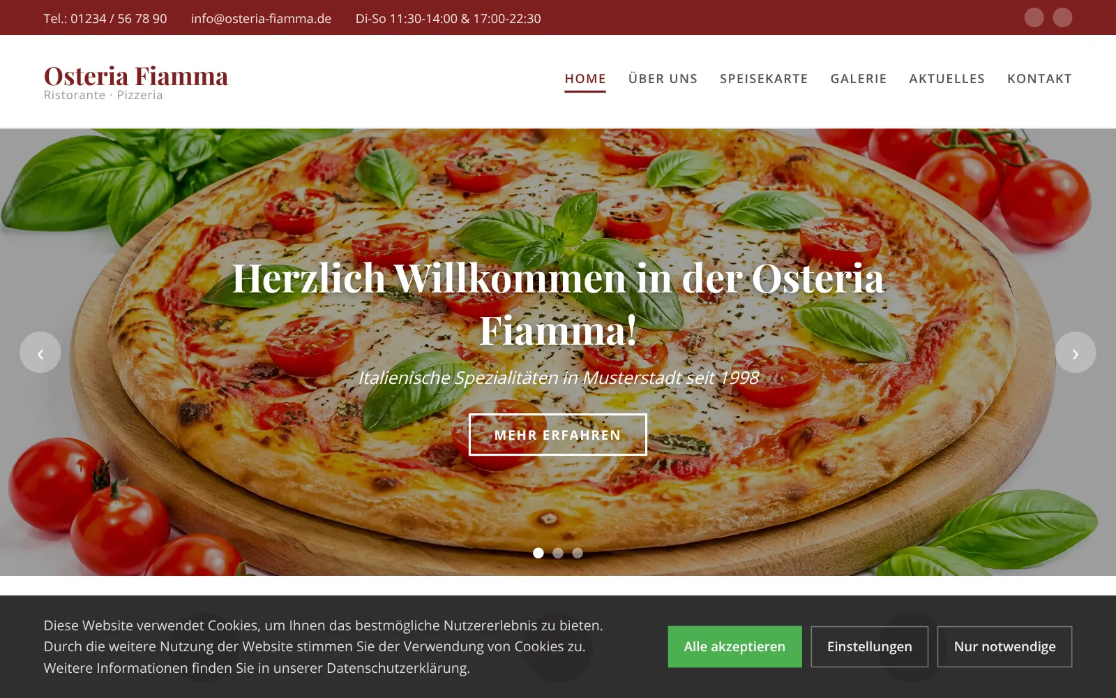 Vorher: bisherige Website von Osteria Fiamma, Designstudie