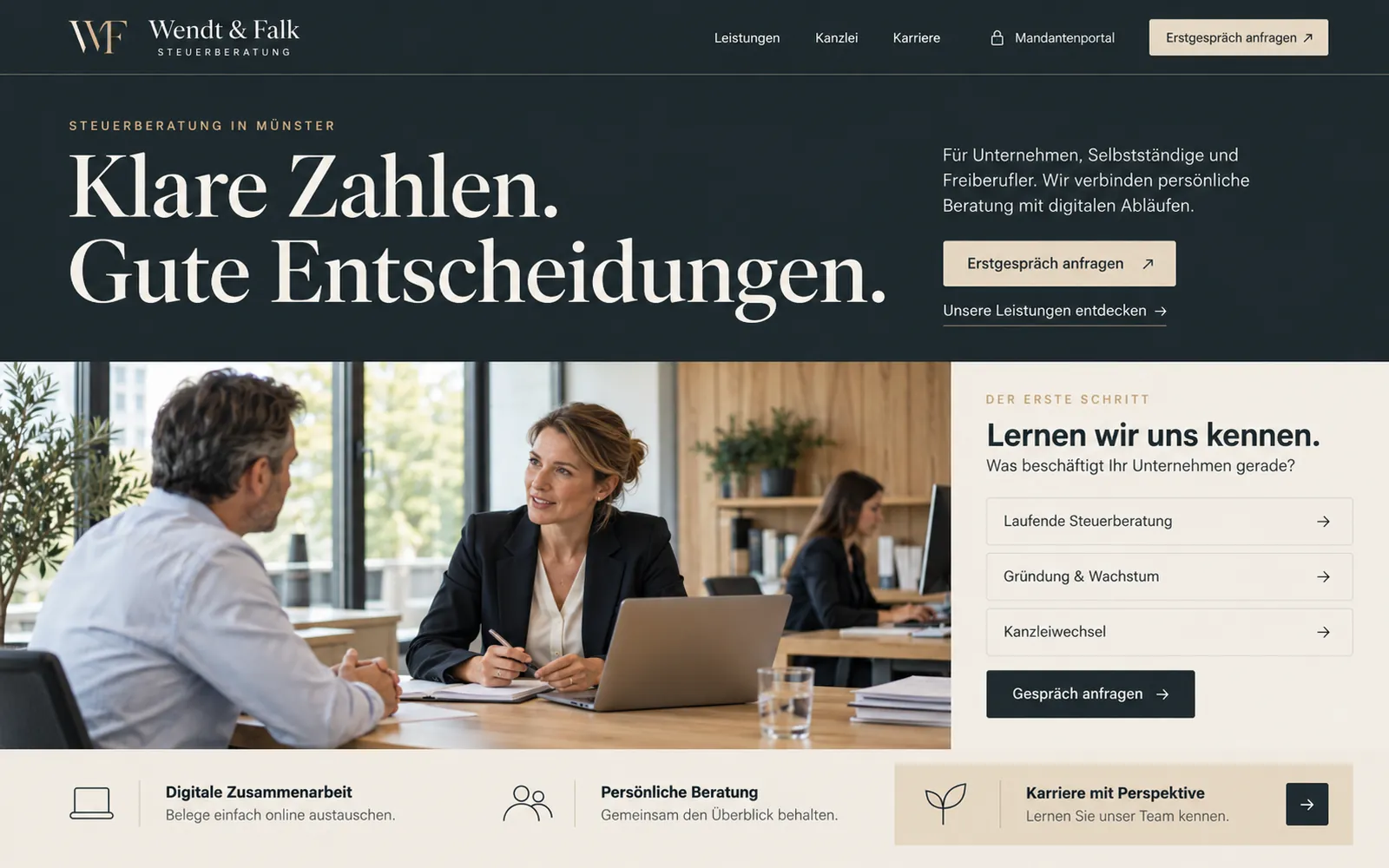 Designstudie: Startseite für Wendt & Falk Steuerberatung, erfundener Betrieb