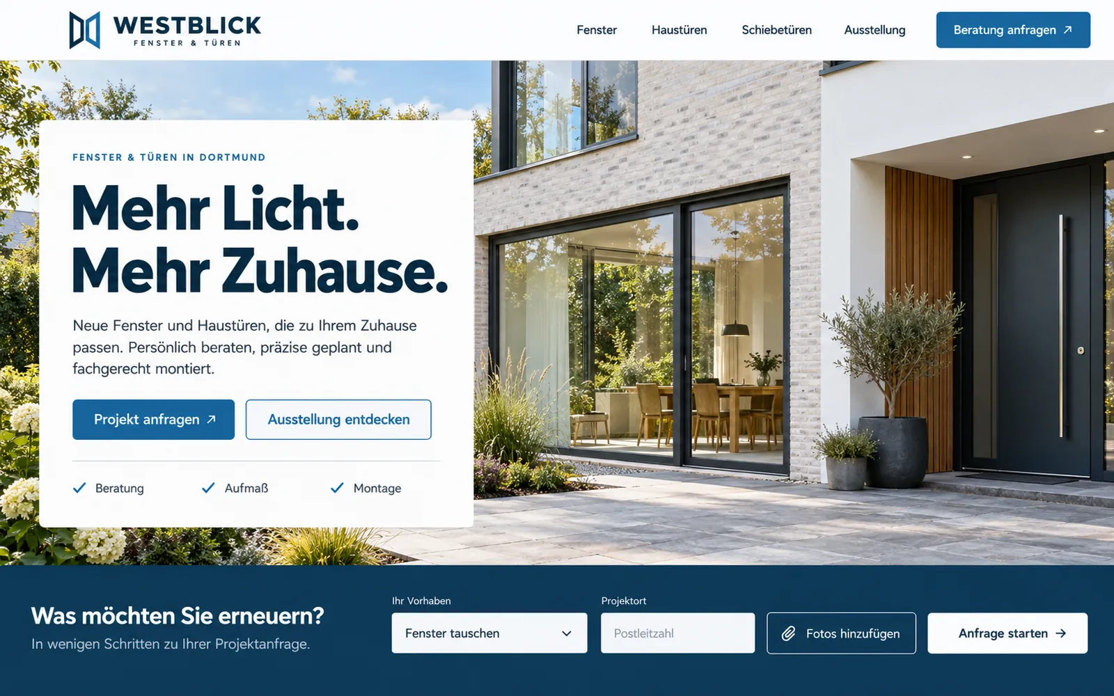 Designstudie: Startseite für Westblick Fenster & Türen, erfundener Betrieb